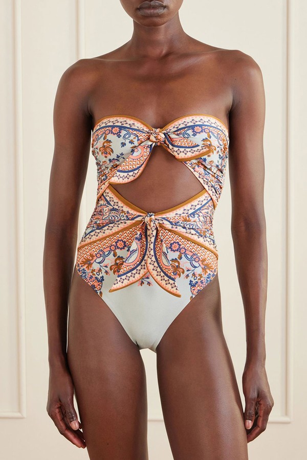 Aster Strapless Knot-Detailed Cut-Out Printed Swimsuit