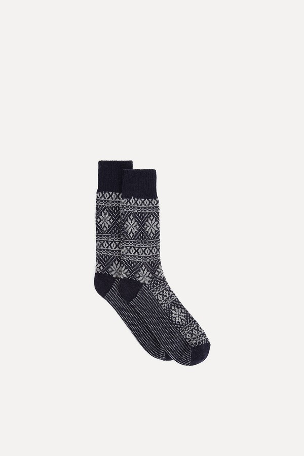 Recycled Cashmere Blend Fair Isle Socks, Navy Fairlisle from John Lewis