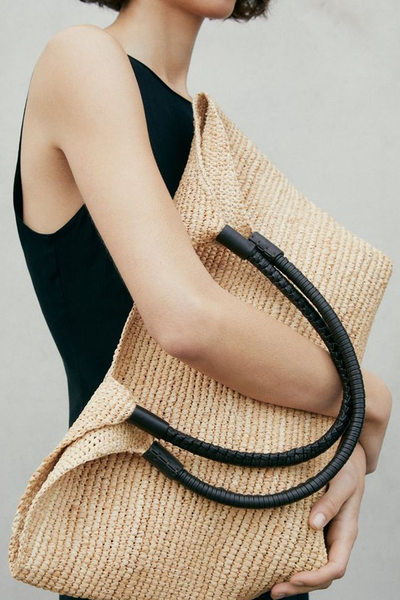 Raffia Shopper Bag With Leather Handles from Massimo Dutti