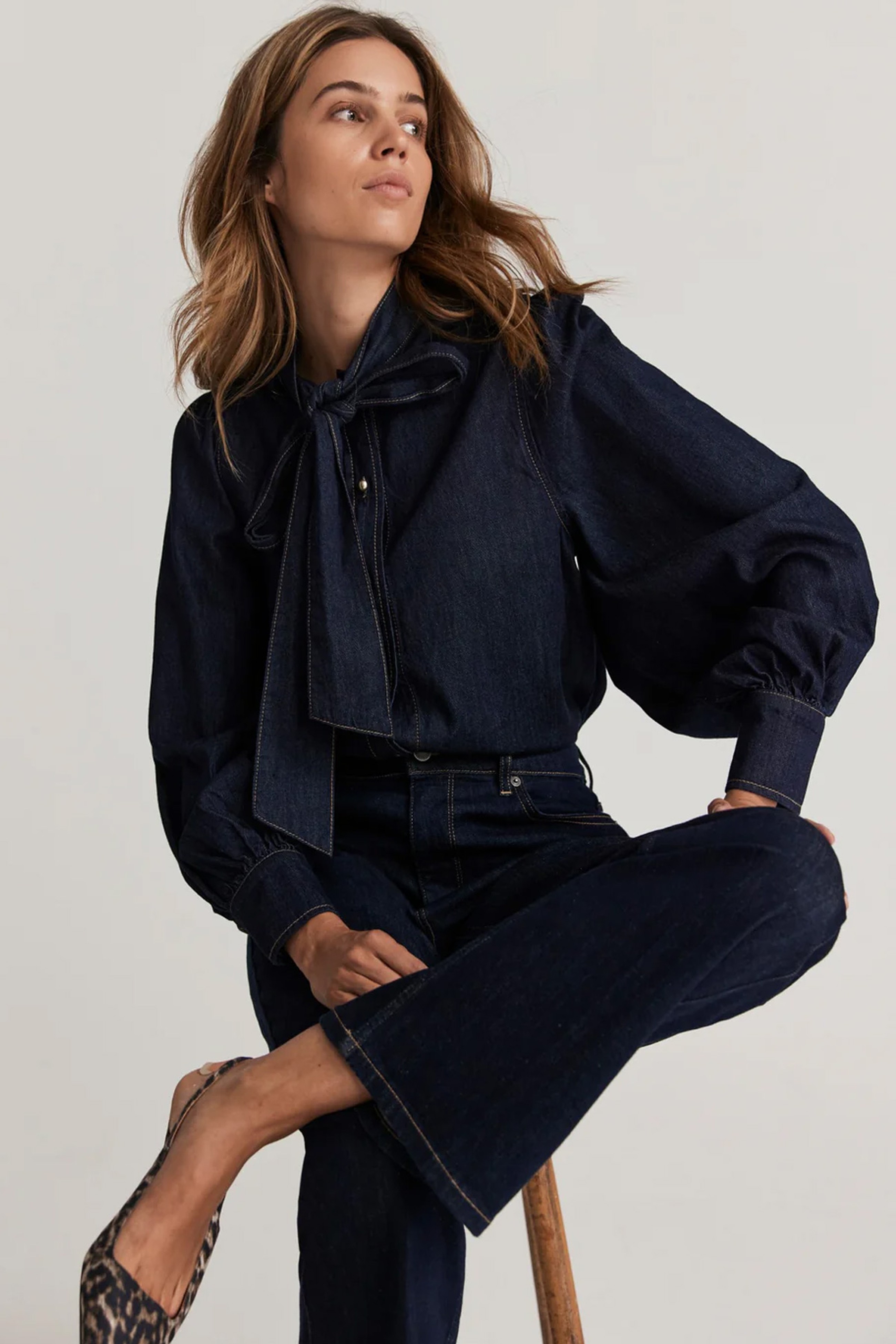 Dark Indigo Tie Neck Denim Blouse from Mint Velvet