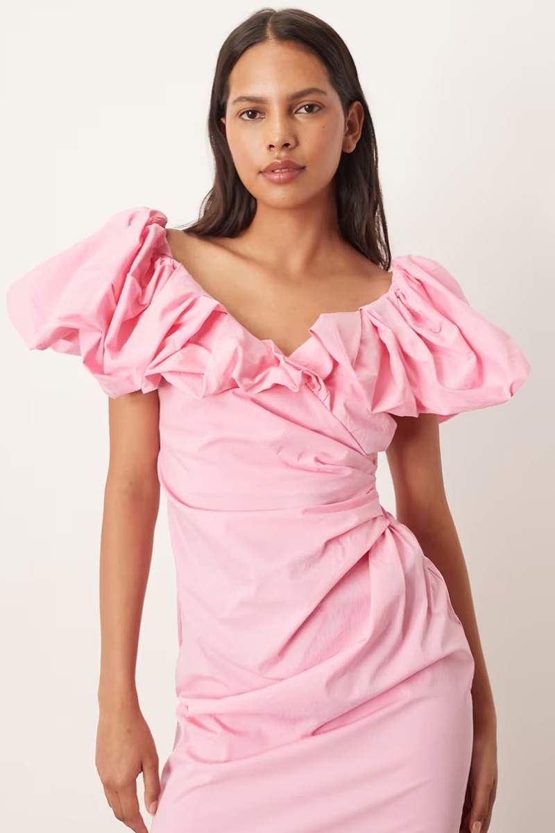 Bardot Ruched Puff Sleeve Maxi Dress from ARRANGE