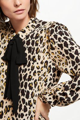 Leopard Print Tie Neck Blouse, Multi