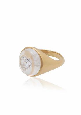 Quartz Crystal Cabochon & Single White Zircon Heart Ring from Theodora Warre