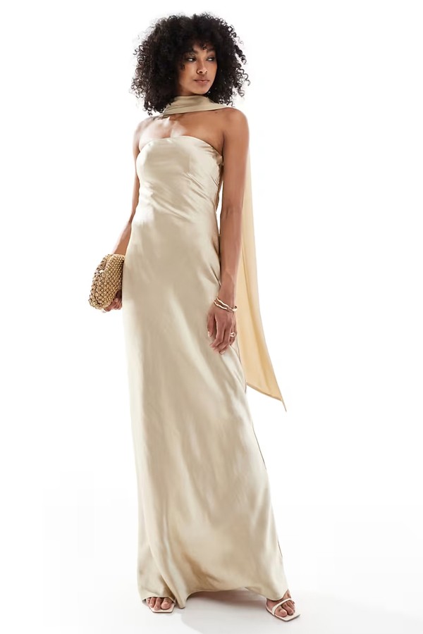 Satin Maxi Dress With Chiffon Neck Scarf from Six Stories