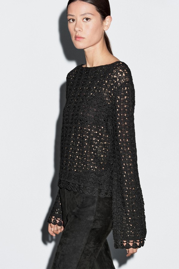 Cotton Blend Open Work Crochet Sweater from Massimo Dutti