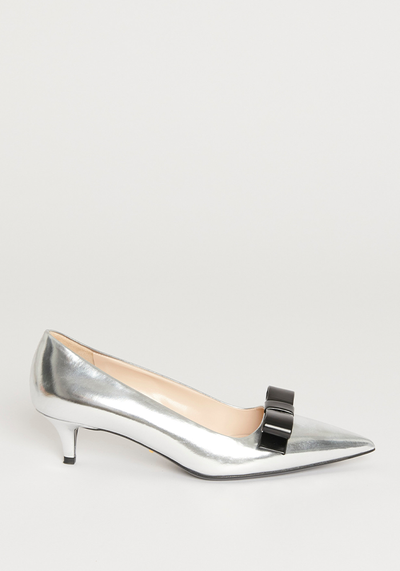 Silver Patent Leather Bow Kitten Heel Preowned Pumps from Prada