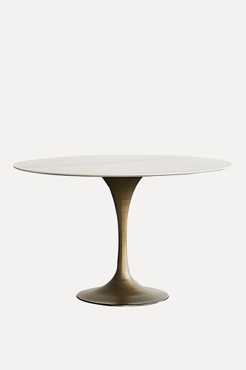 Contemporary Round Dining Table Sintered Stone Table with Brass Tulip Base from Litfad