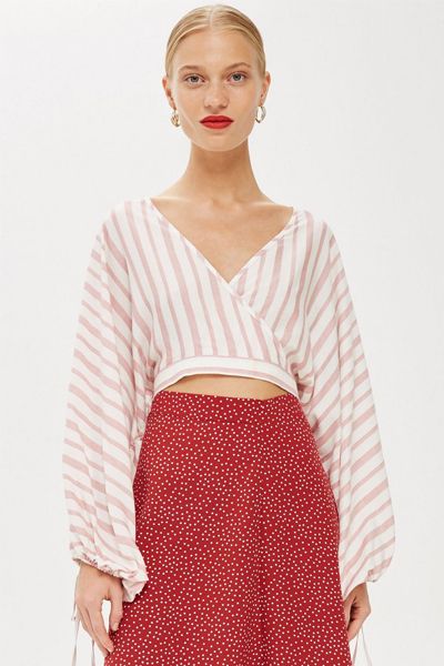 Stripped Balloon Sleeve Crop Top