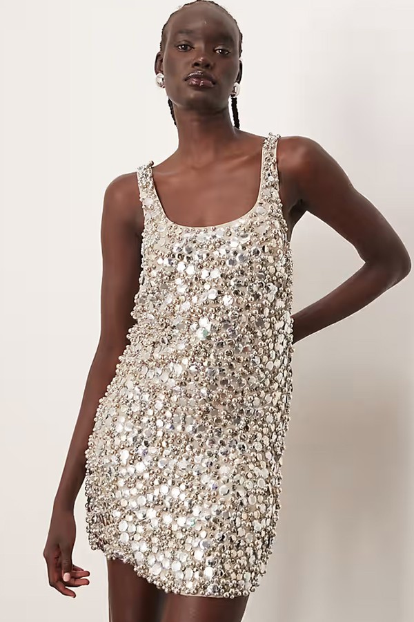 Textural Embellished Scoop Neck Loose Fit Mini Dress from Arrange 