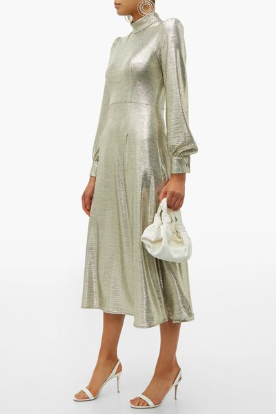 Goldfinch Balloon-Sleeve Foiled-Jersey Midi Dress from Goat