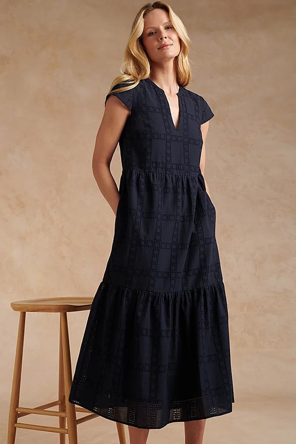 Organic Cotton Broderie Tiered Midi Dress