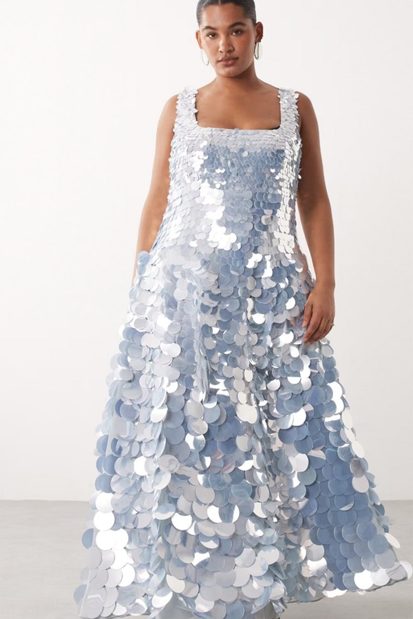 Embellished Disc Sequin Square Neck Full Skirt Midi Dress from ARRANGE