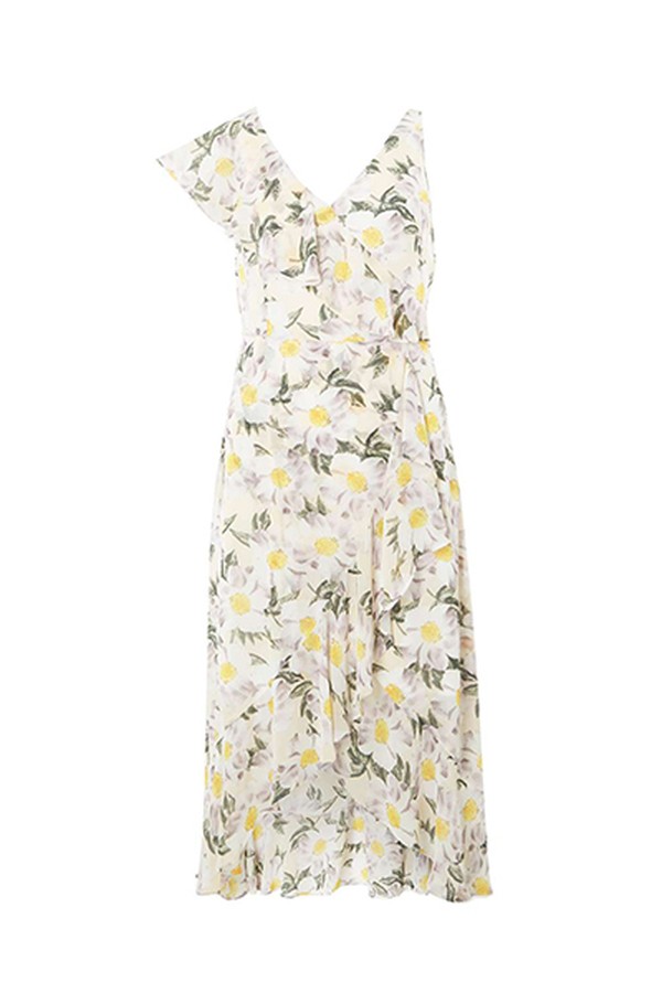 Cream Daisy Print Chiffon Ruffle Midi Skater Dress