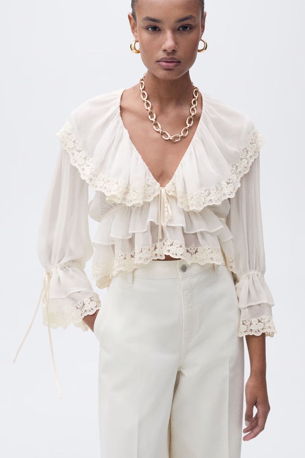 Blouse With Ruffles & Lace Details from Mango