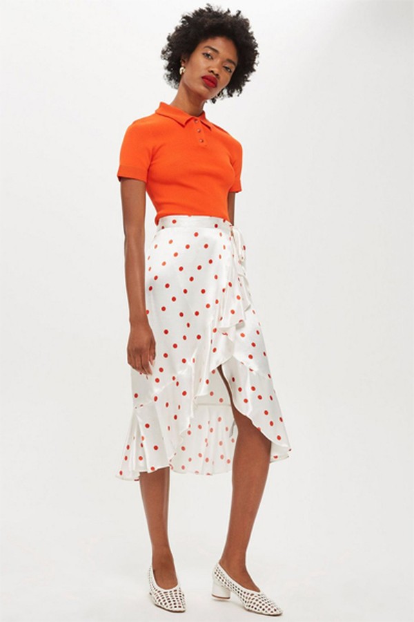 Satin Spot Ruffle Midi Skirt