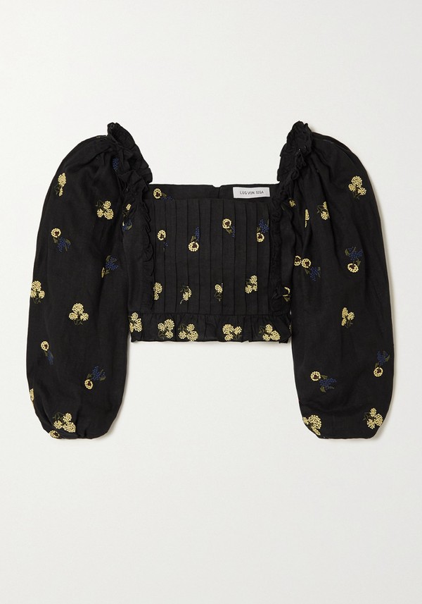 Daphne Embroidered Puff-Sleeve Linen Top from Lug Von Siga