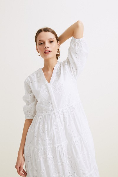 Pure Cotton Broderie V-Neck Midaxi Dress