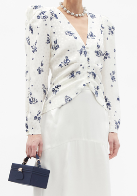 Rose-Print Ruched-Shoulder Silk Blouse from Alessandra Rich