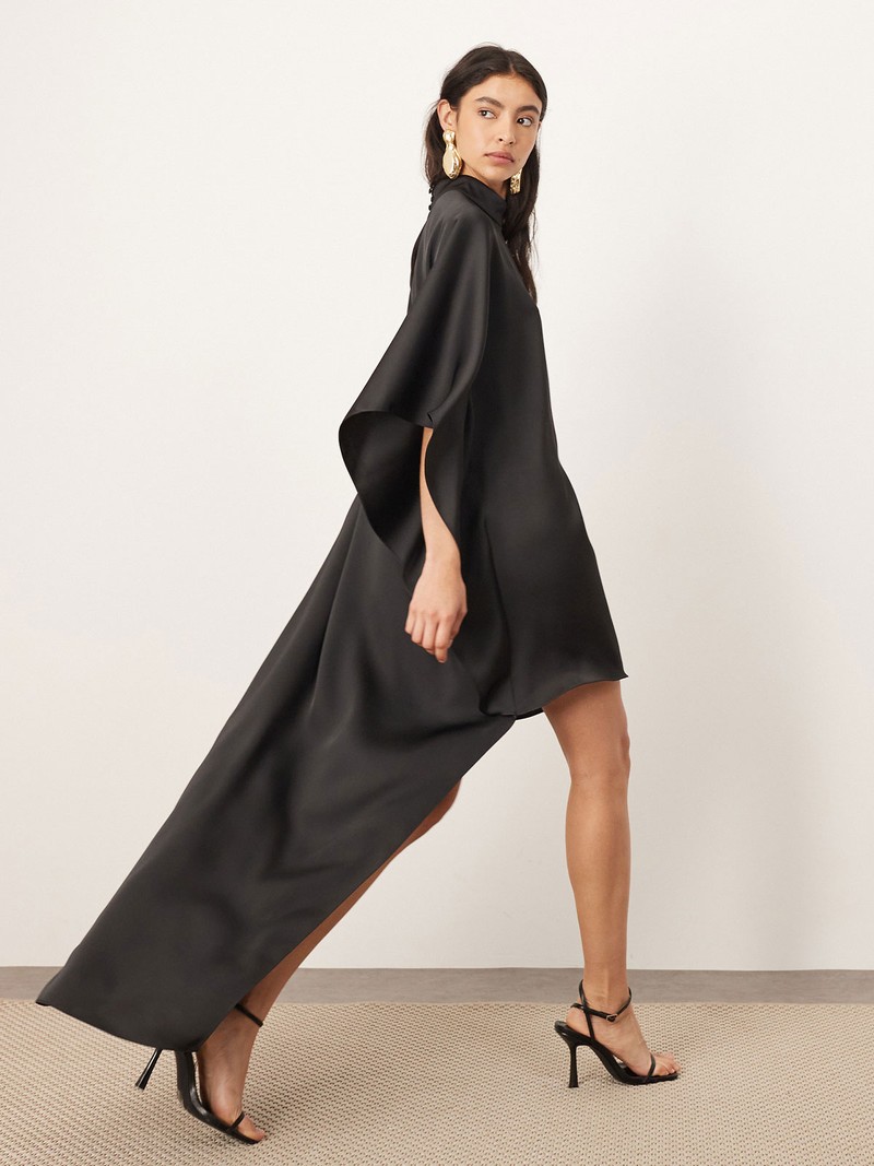 High Neck Cape Sleeve Mini Dress With Asymmetric Hem 
