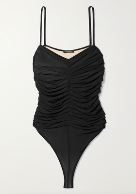 The Hutton Ruched Stretch-Jersey Thong Bodysuit from Goldsign