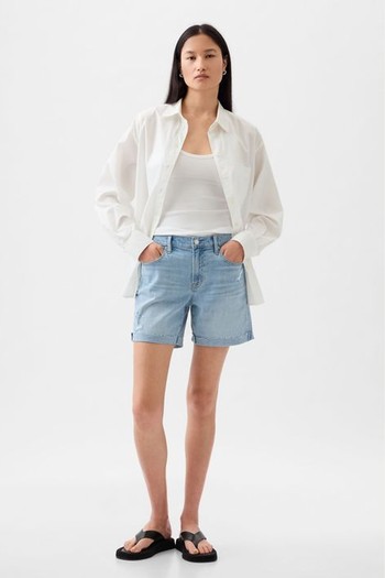 Light Destructed Denim Mid Rise Girlfriend Shorts