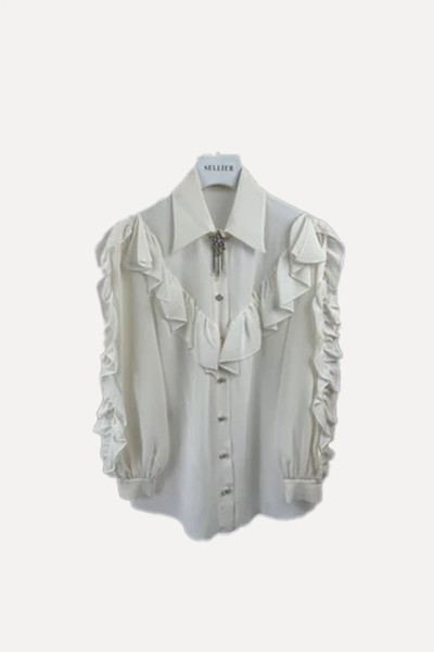 Silk Blend Long Sleeve Blouse With Ruffle & Crystal Detail from Miu Miu