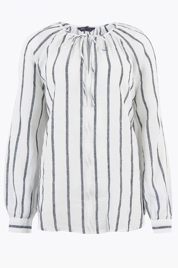 Pure Linen Striped Long Sleeve Blouse