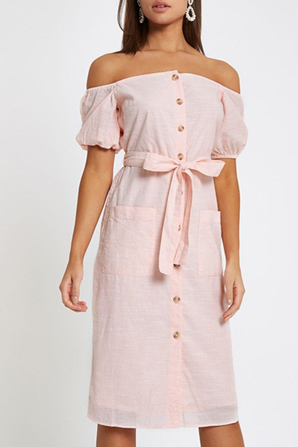 Light Pink Button Up Bardot Dress