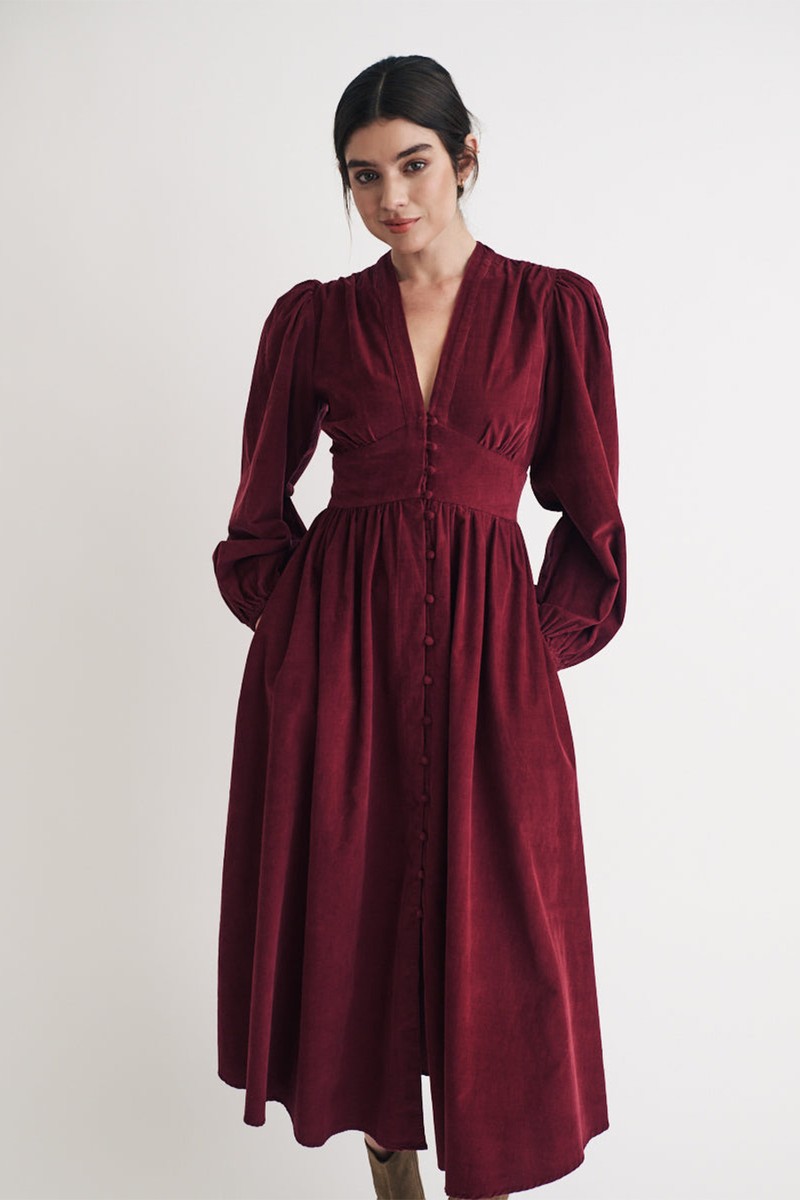 Burgundy Cord Long Sleeve Starlight Midi Dress from Nobody's Child