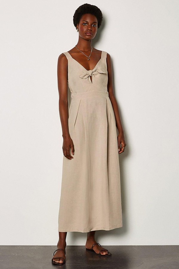 Linen Tie Front Sleeveless Midi Dress