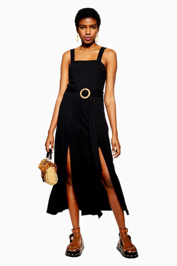 Black Ribbed Raffia Midi Dress