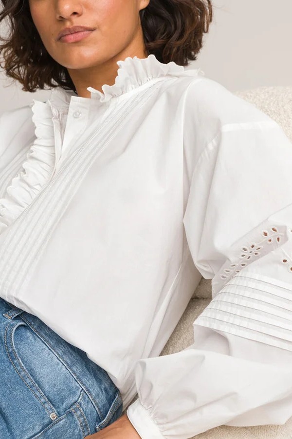 Organic Cotton Shirt With Ruffle Collar & Long Sleeves from La Redoute