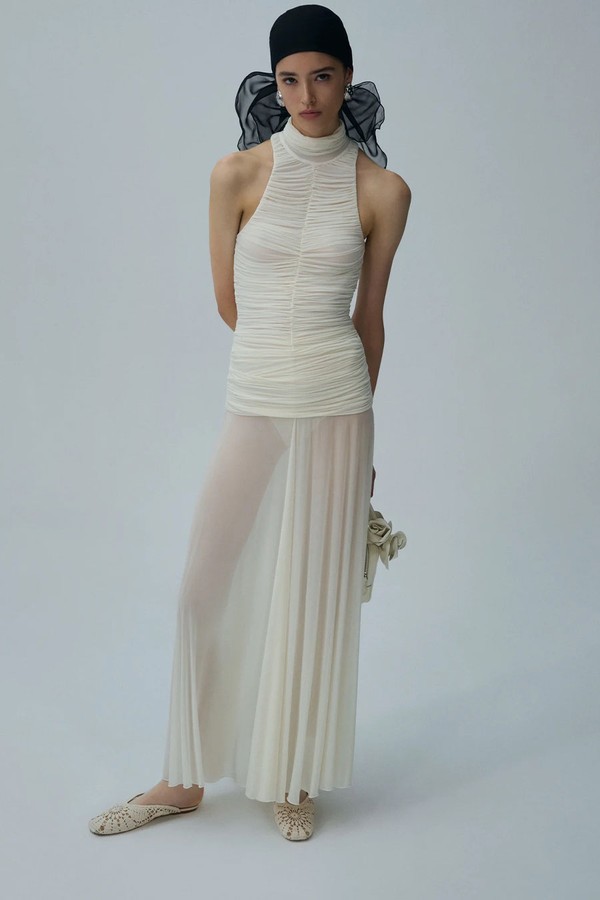 Ruched High Neck Midi Dress