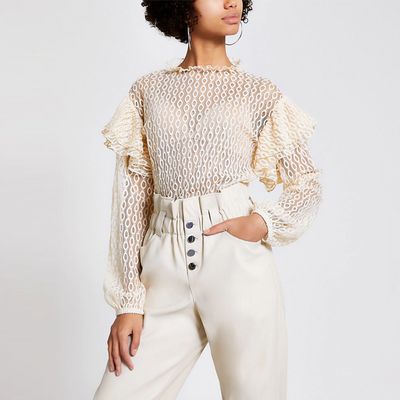 Cream Lace Long Sleeve Frill Shoulder Top