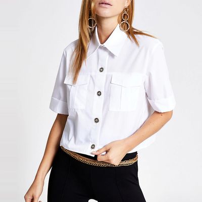 White Cropped Utility Shirt