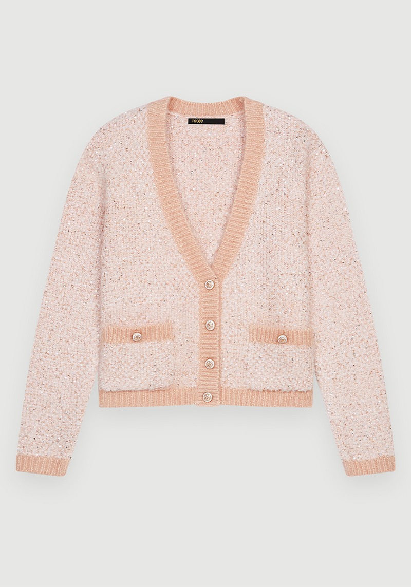 Mission V-Neck Stretch-Knit Cardigan from Maje