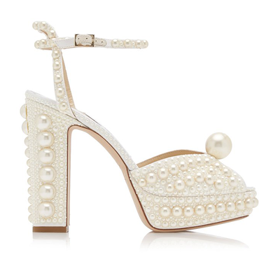 Sacaria Pearl-Embellished Satin Platform Sandals from Jimmy Choo