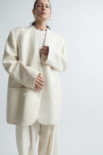 Giant Wool Herringbone Collarless Coat from RAEY