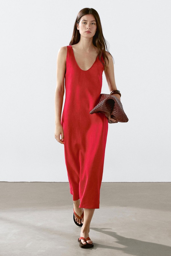 100% Linen Round Neck Midi Dress