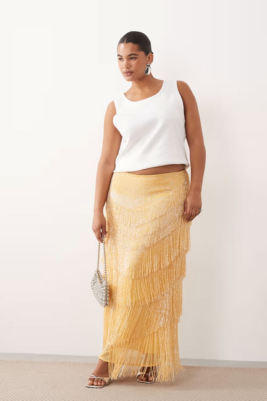 Curve Beaded Fringe Column Midi Skirt from ARRANGE