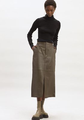 Alana Leather Midi Skirt In Dark Olive from The Frankie Shop