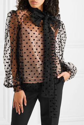 Pussy-Bow Polka-Dot Flocked Tulle Blouse from Costarellos