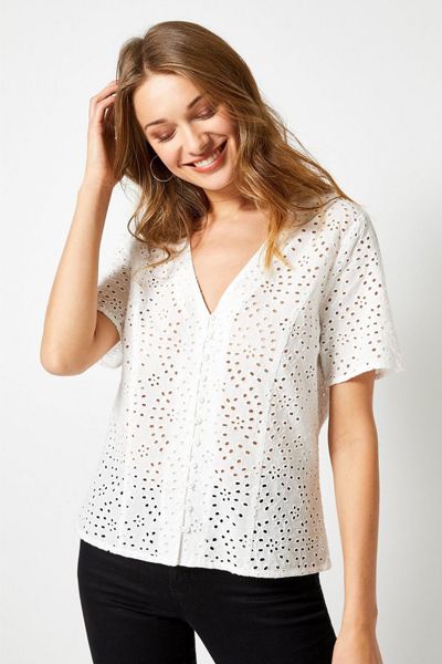 White Broderie Button Through Top