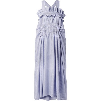 Smocked Ruffled Striped Cotton-Poplin Midi Dress from Carven