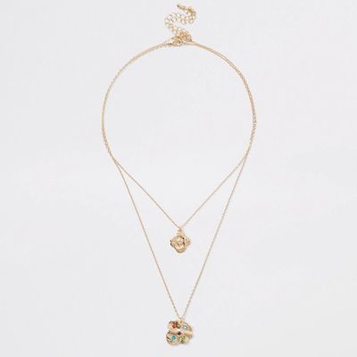 Gold Colour Gem Stone Pendant Drop Necklace