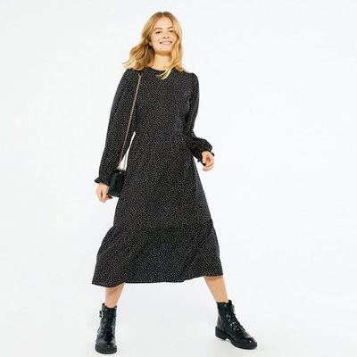 Black Spot Tiered Smock Midi Dress