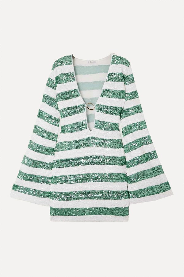 Candy Paillettes O Embellished Striped Mesh Kaftan from Oséree