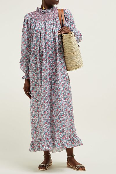 Smocked Floral-Print Cotton Maxi Dress from Loretta Caponi 