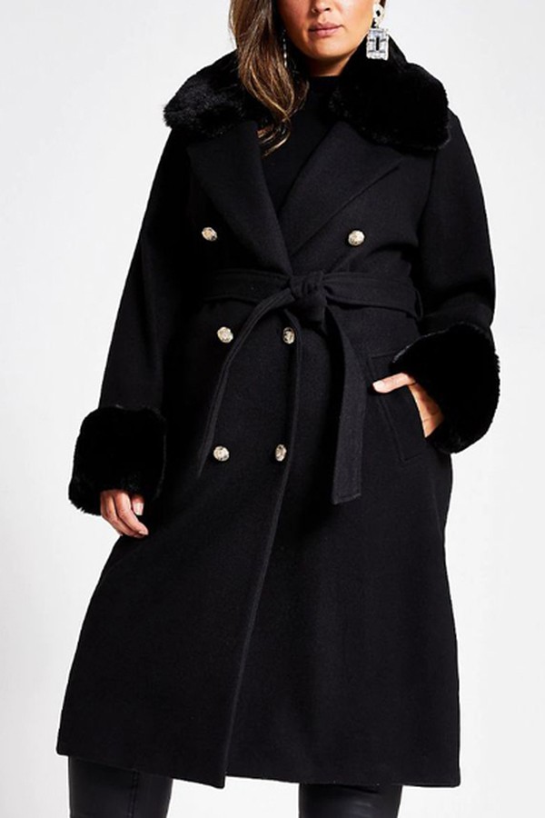 Plus Black Faux Fur Collar Belted Coat