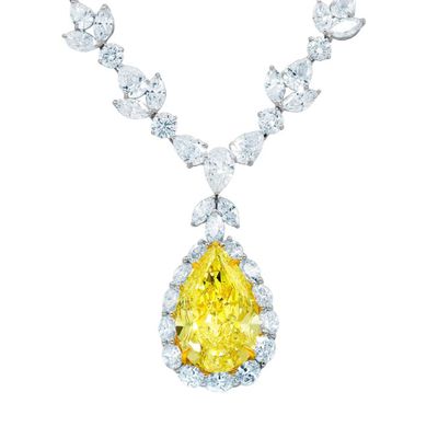 Magnificent 35.31 Carat Fancy Intense Yellow Pear Diamond Necklace, £2,155,955.13 | Diana M. Jewels